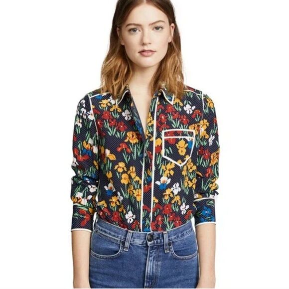 Tory Burch Floral & Polka Dot Silk Blouse Shirt Size 2 - Picture 1 of 16